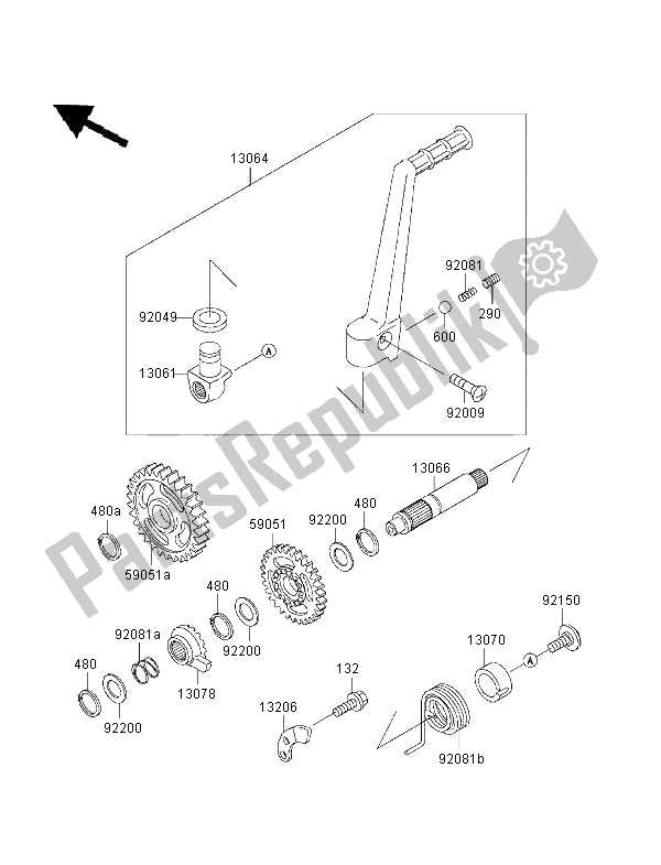 All parts for the Kickstarter Mechanism of the Kawasaki KX 125 2001