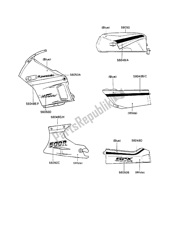 All parts for the Decals (blue-white) of the Kawasaki GPX 600R 1989