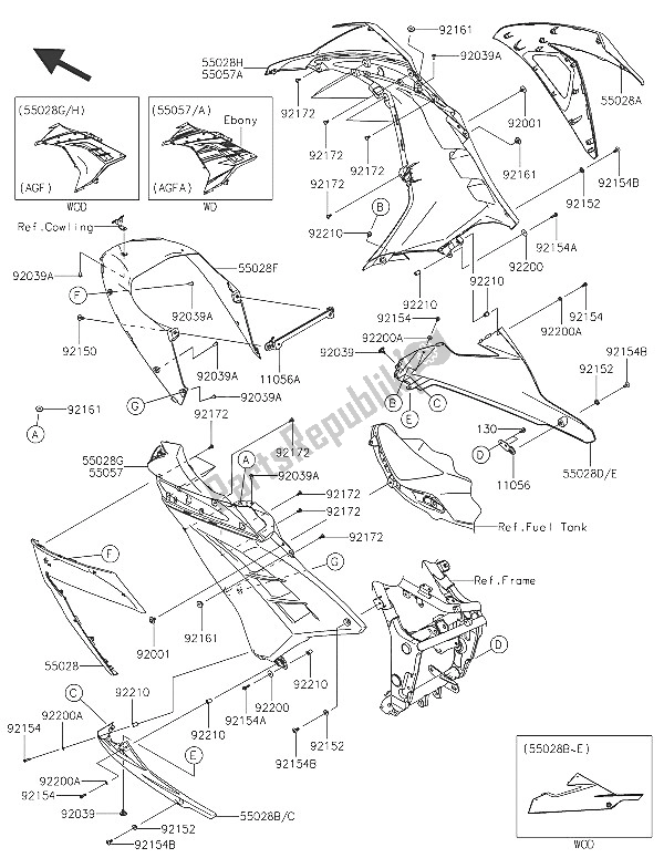 All parts for the Cowling Lowers of the Kawasaki Ninja 300 2016