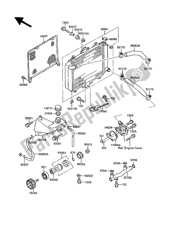 Alle onderdelen voor de Radiator van de Kawasaki KR 1 2 250 1989