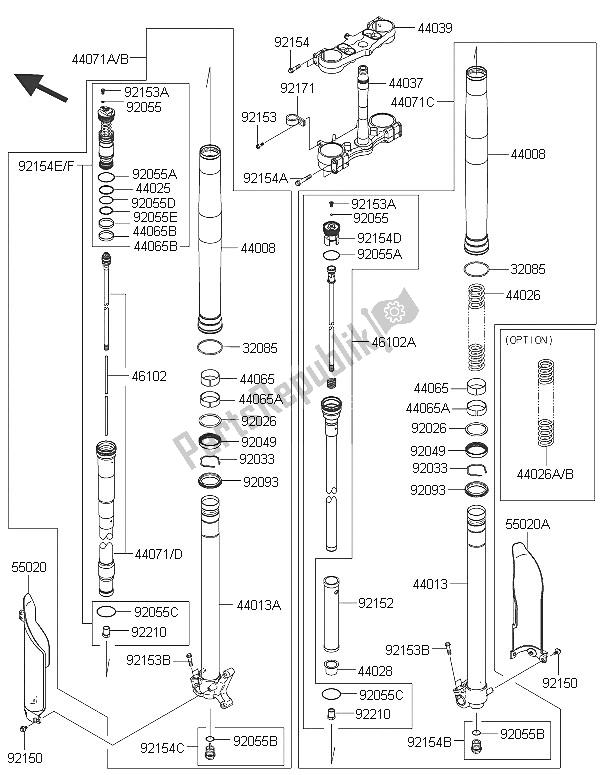 Alle onderdelen voor de Voorvork van de Kawasaki KX 250F 2016