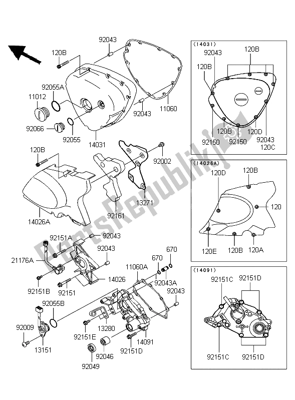 All parts for the Left Engine Cover of the Kawasaki W 650 2004