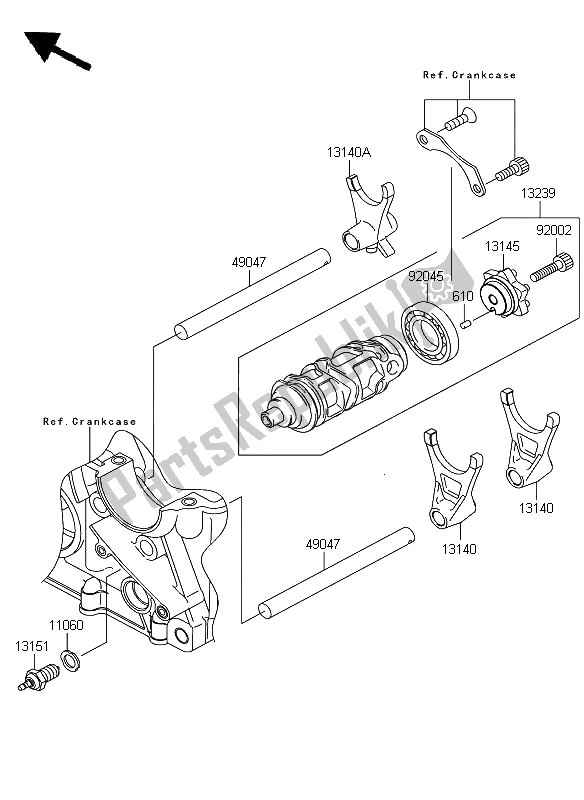 All parts for the Gear Change Drum & Shift Fork of the Kawasaki Z 750 2009