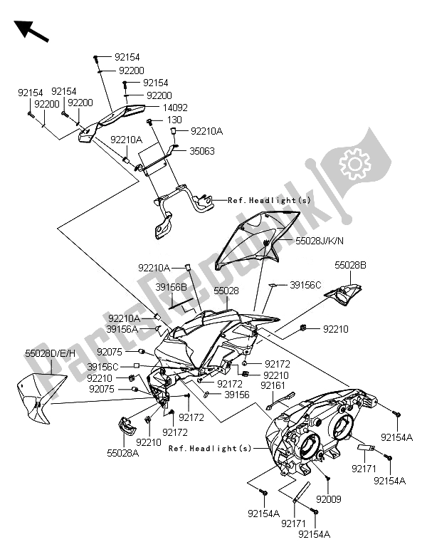 All parts for the Cowling of the Kawasaki Z 800E Version 2014