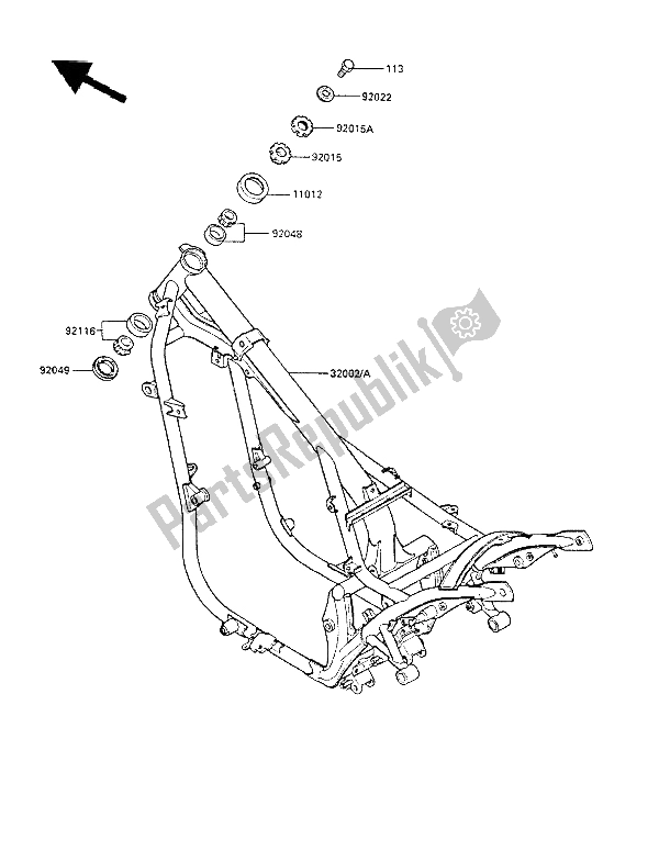 Alle onderdelen voor de Kader van de Kawasaki LTD 450 1986