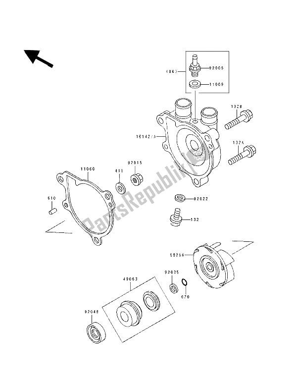 All parts for the Water Pump of the Kawasaki Tengai 650 1989