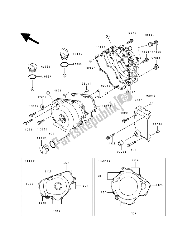 Alle onderdelen voor de Motorkap (pen) van de Kawasaki EL 250E 1993
