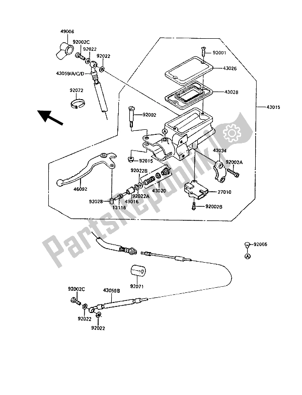 All parts for the Clutch Master Cyinder of the Kawasaki 1000 GTR 1987