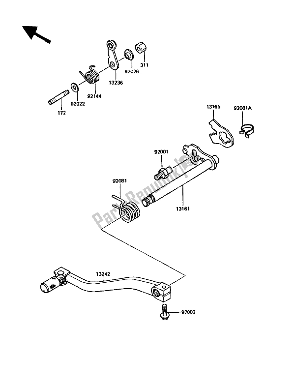 All parts for the Gear Change Mechanism of the Kawasaki KMX 125 1989
