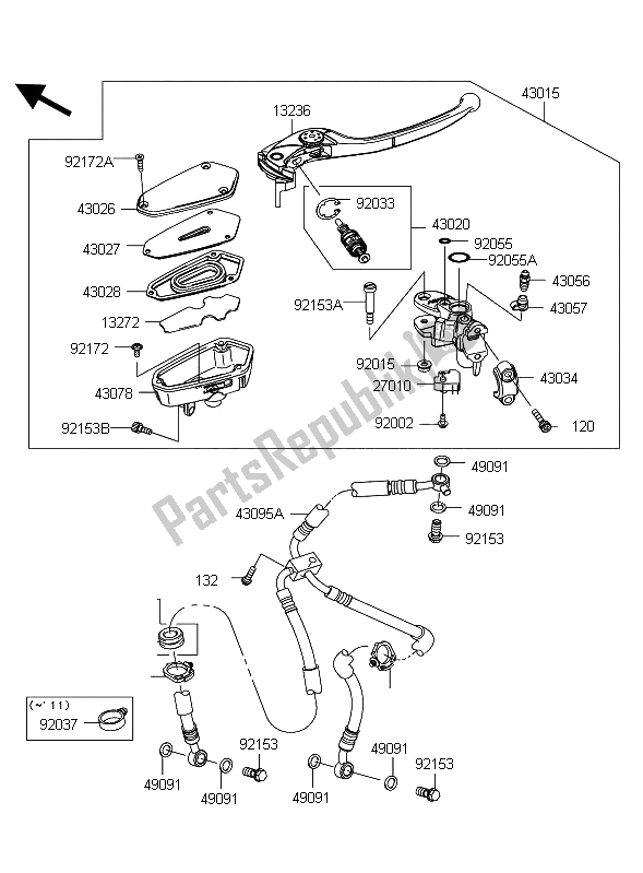 All parts for the Front Master Cylinder of the Kawasaki Z 1000 2011