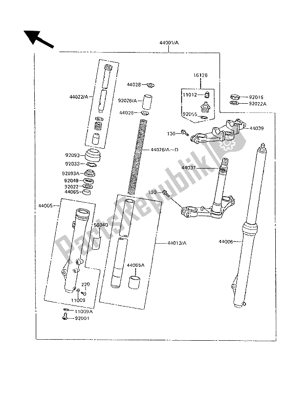 All parts for the Front Fork of the Kawasaki KX 80 1989