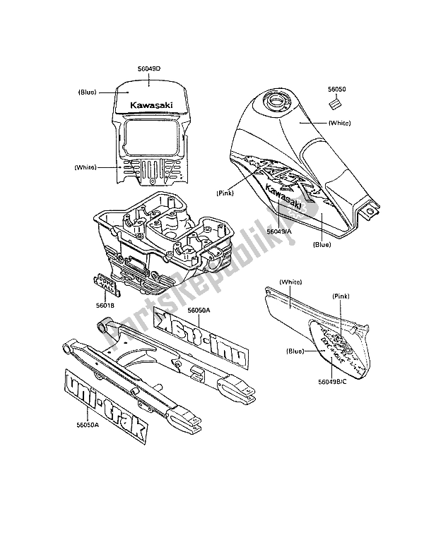 Alle onderdelen voor de Sticker (wit) van de Kawasaki KLR 250 1991