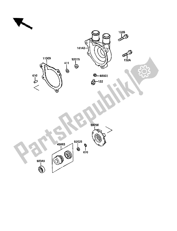 Alle onderdelen voor de Waterpomp van de Kawasaki KLR 650 1987