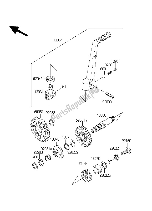 All parts for the Kickstarter Mechanism of the Kawasaki KX 250 1999