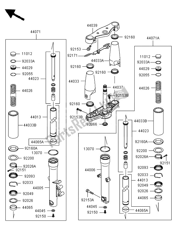 Alle onderdelen voor de Voorvork (jkavn2b17a015509) van de Kawasaki VN 900 Classic 2007