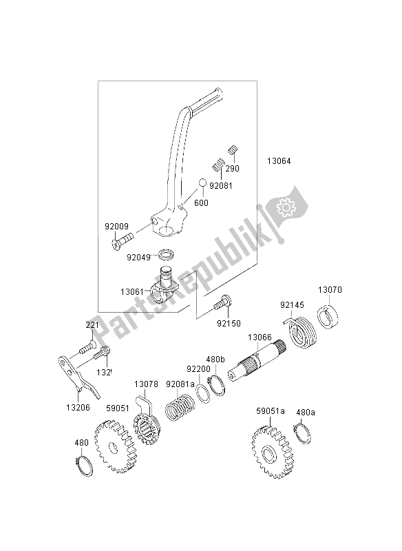 All parts for the Kickstarter Mechanism of the Kawasaki KX 65 2000