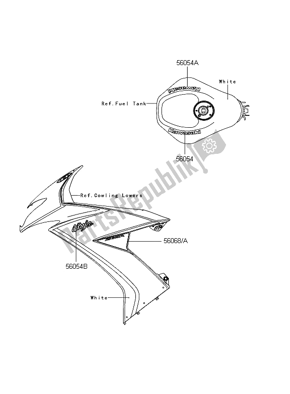 All parts for the Decals (white) of the Kawasaki Ninja ZX 10R 1000 2009