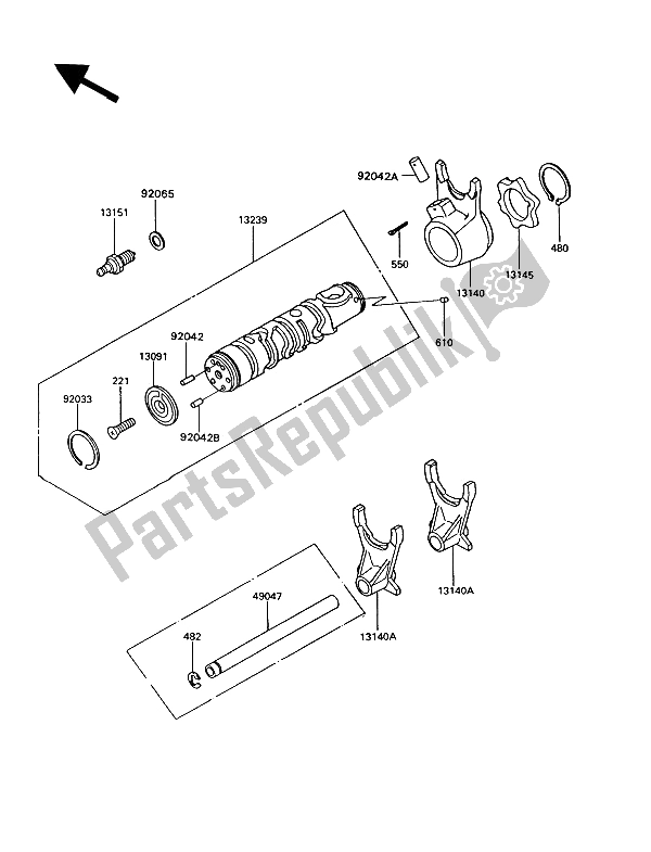 All parts for the Gear Change Drum & Shift Fork(s) of the Kawasaki GT 550 1994