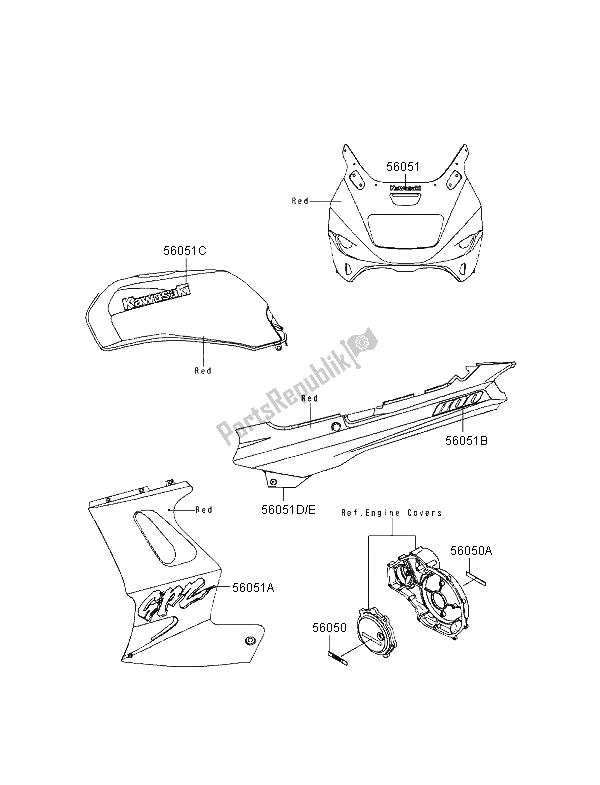 Tutte le parti per il Decalcomanie (rosso) del Kawasaki GPZ 1100 1998