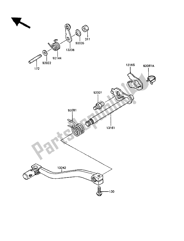 All parts for the Gear Change Mechanism of the Kawasaki KMX 125 1987