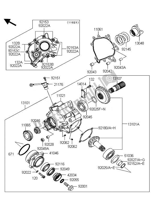 All parts for the Front Bevel Gear of the Kawasaki 1400 GTR ABS 2010