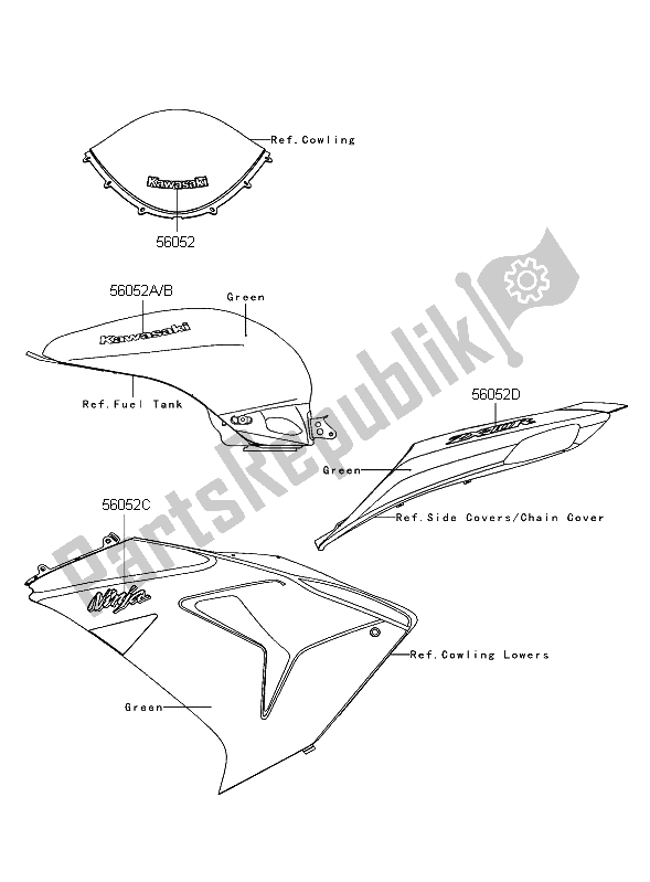 Alle onderdelen voor de Stickers (groen) van de Kawasaki Ninja ZX 10R 1000 2006