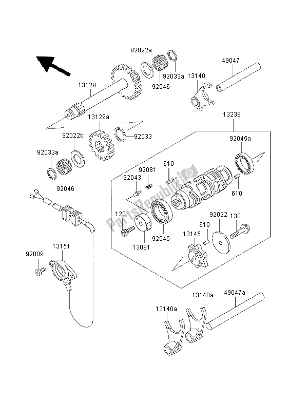 All parts for the Gear Change Drum & Shift Fork of the Kawasaki KLF 300 2000