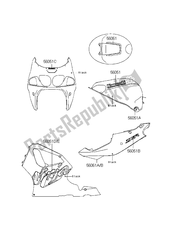 Tutte le parti per il Decalcomanie (nero) del Kawasaki Ninja ZX 7R 750 1998