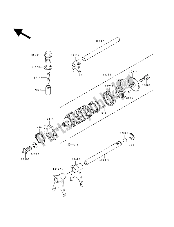 All parts for the Gear Change Drum & Shift Fork(s) of the Kawasaki EL 250D 1992