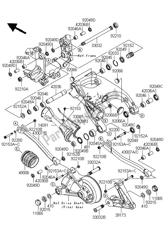 Todas as partes de Braço Oscilante do Kawasaki 1400 GTR 2008
