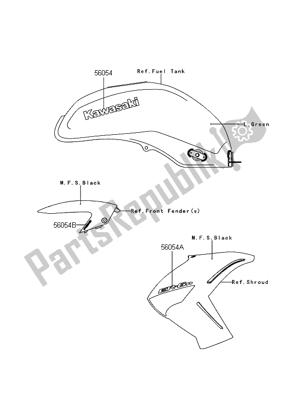 Alle onderdelen voor de Stickers (l. Groen) van de Kawasaki ER 6N ABS 650 2010