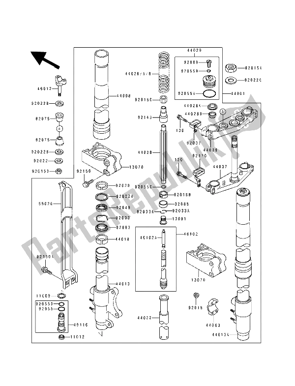 All parts for the Front Fork of the Kawasaki KX 500 1990