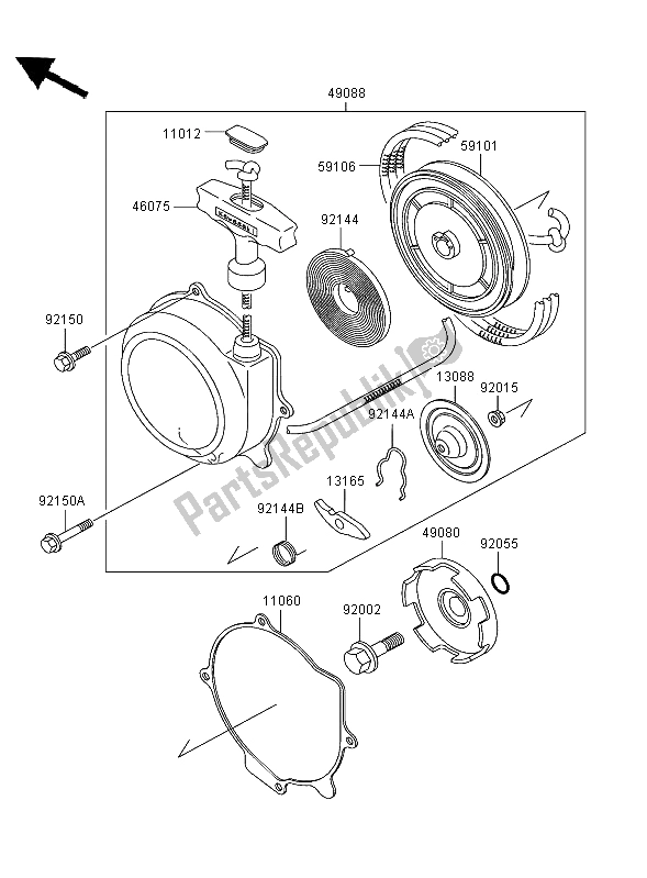 Alle onderdelen voor de Terugloopstarter van de Kawasaki KLF 300 2004