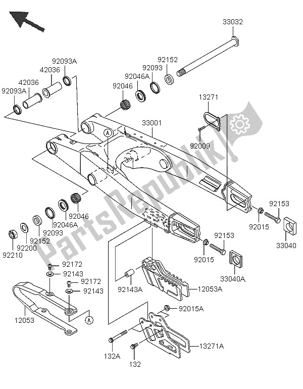 Alle onderdelen voor de Achterbrug van de Kawasaki KX 250 2005