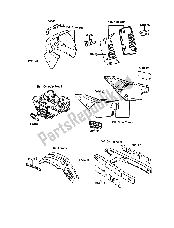 Alle onderdelen voor de Stickers (wit) van de Kawasaki KLR 650 1987