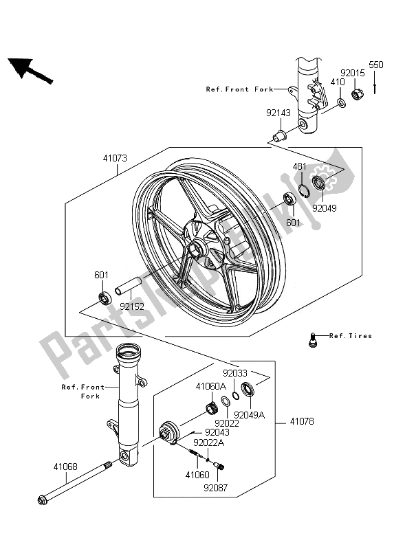 All parts for the Front Hub of the Kawasaki Ninja 250R 2010