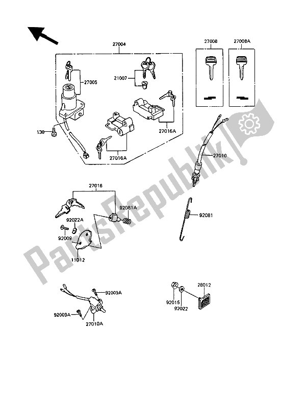 All parts for the Ignition Switch of the Kawasaki GPZ 305 Belt Drive 1989