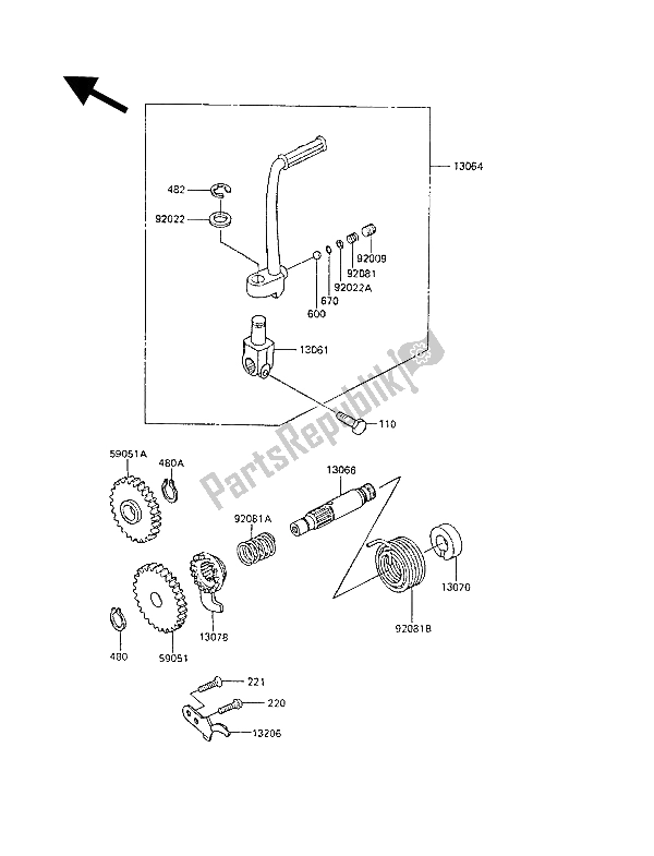 All parts for the Kickstarter Mechanism of the Kawasaki KX 60 1987