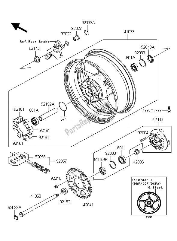 All parts for the Rear Hub of the Kawasaki Z 1000 2010