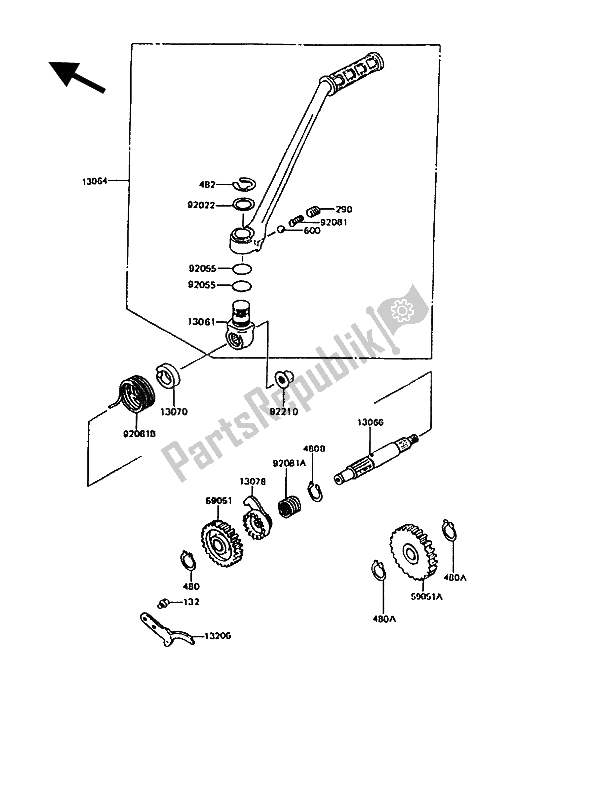 All parts for the Kickstarter Mechanism of the Kawasaki KMX 125 1992