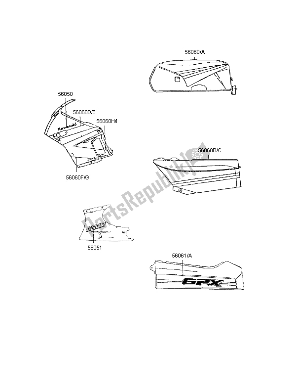 Tutte le parti per il Decalcomanie del Kawasaki GPX 600R 1997