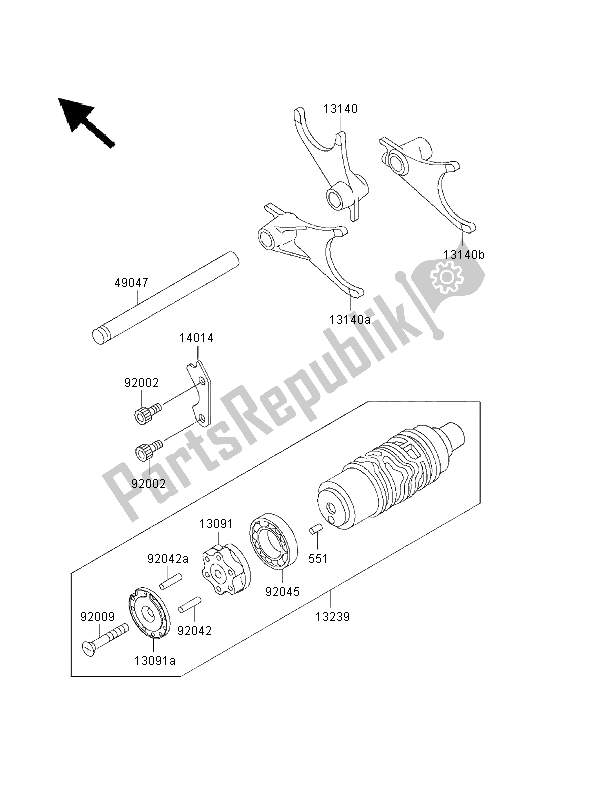 All parts for the Gear Change Drum & Shift Fork of the Kawasaki 1000 GTR 1999