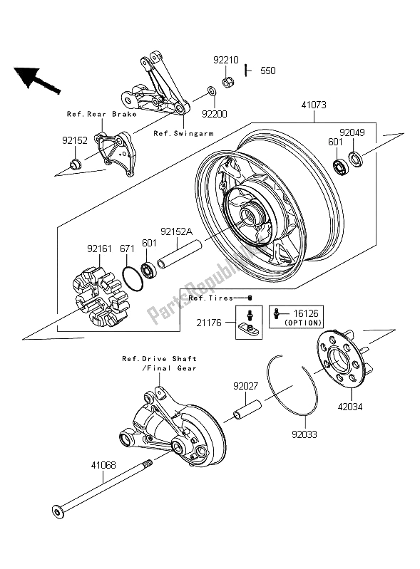 Alle onderdelen voor de Achternaaf van de Kawasaki 1400 GTR 2008