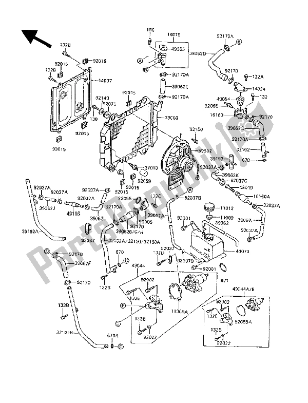 All parts for the Radiator (ex250f-004011&nami.) of the Kawasaki GPX 250R 1988