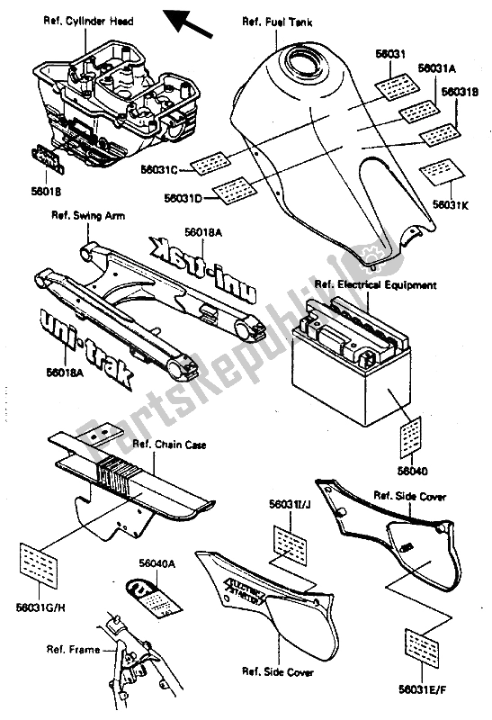 Alle onderdelen voor de Etiket van de Kawasaki KLR 600 1985