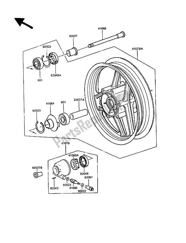 All parts for the Front Hub of the Kawasaki 1000 GTR 1991