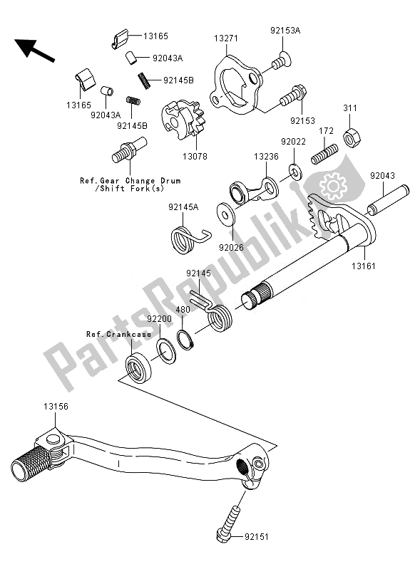 All parts for the Gear Change Mechanism of the Kawasaki KX 250F 2007