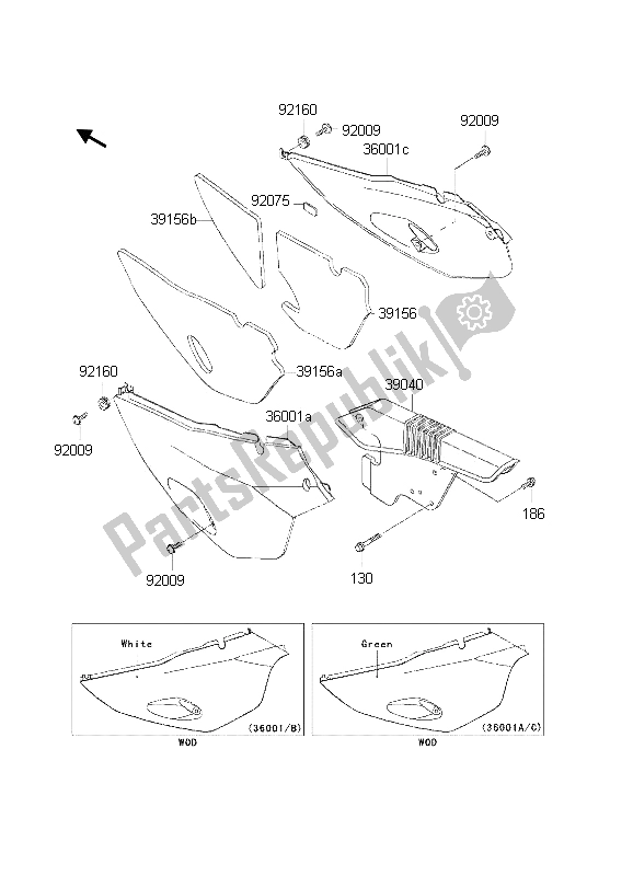 Alle onderdelen voor de Zijafdekkingen En Kettingafdekking van de Kawasaki KLR 650 2002