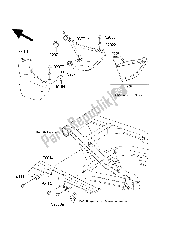 Alle onderdelen voor de Zijafdekkingen En Kettingafdekking van de Kawasaki ZRX 1200R 2001