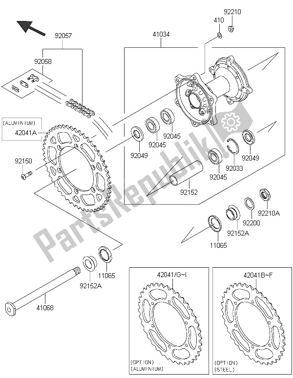 All parts for the Rear Hub of the Kawasaki KX 450F 2016